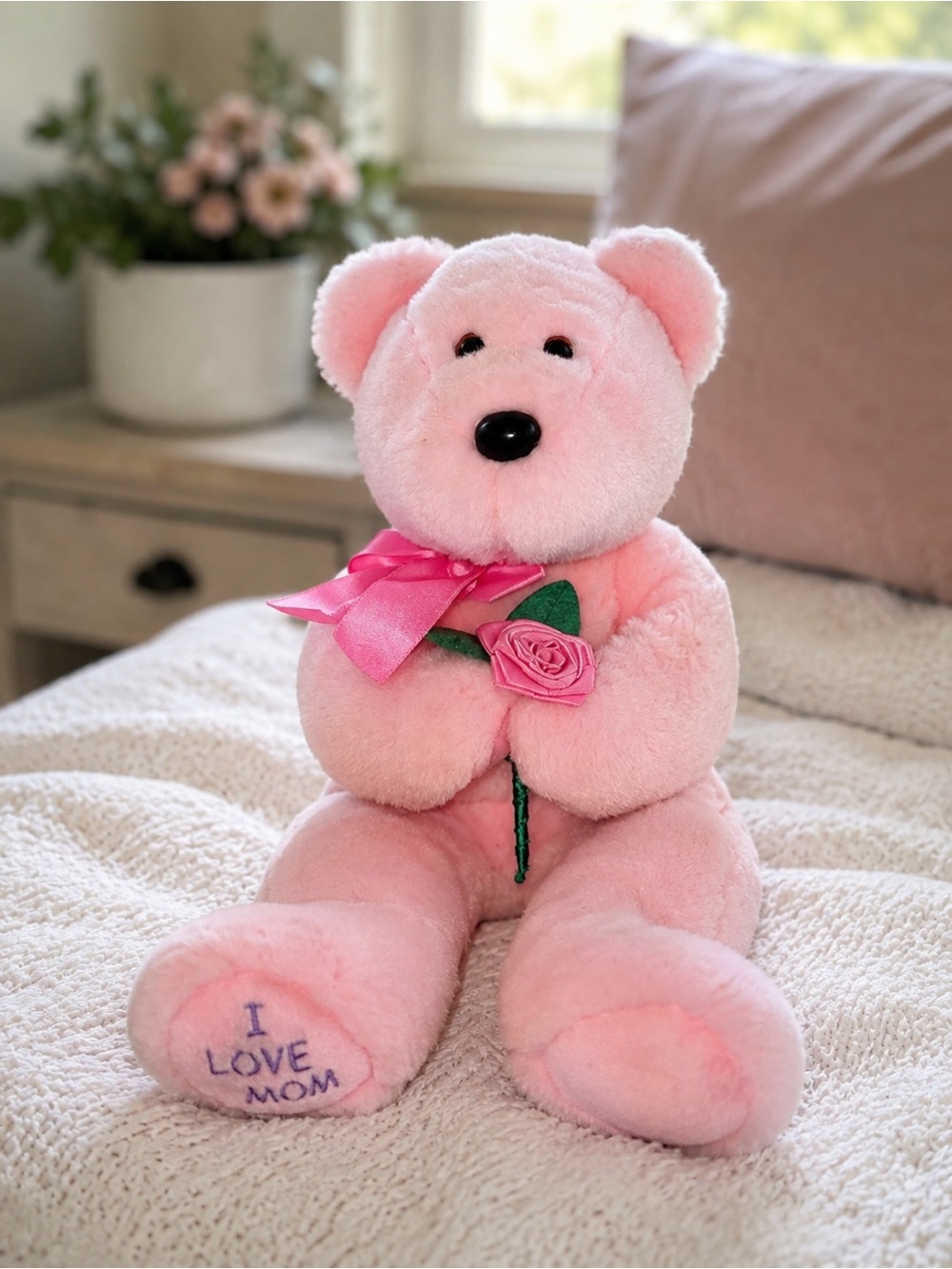 TY Beanie Buddies Pink “I Love Mom” Bear Plush With Rose 14”